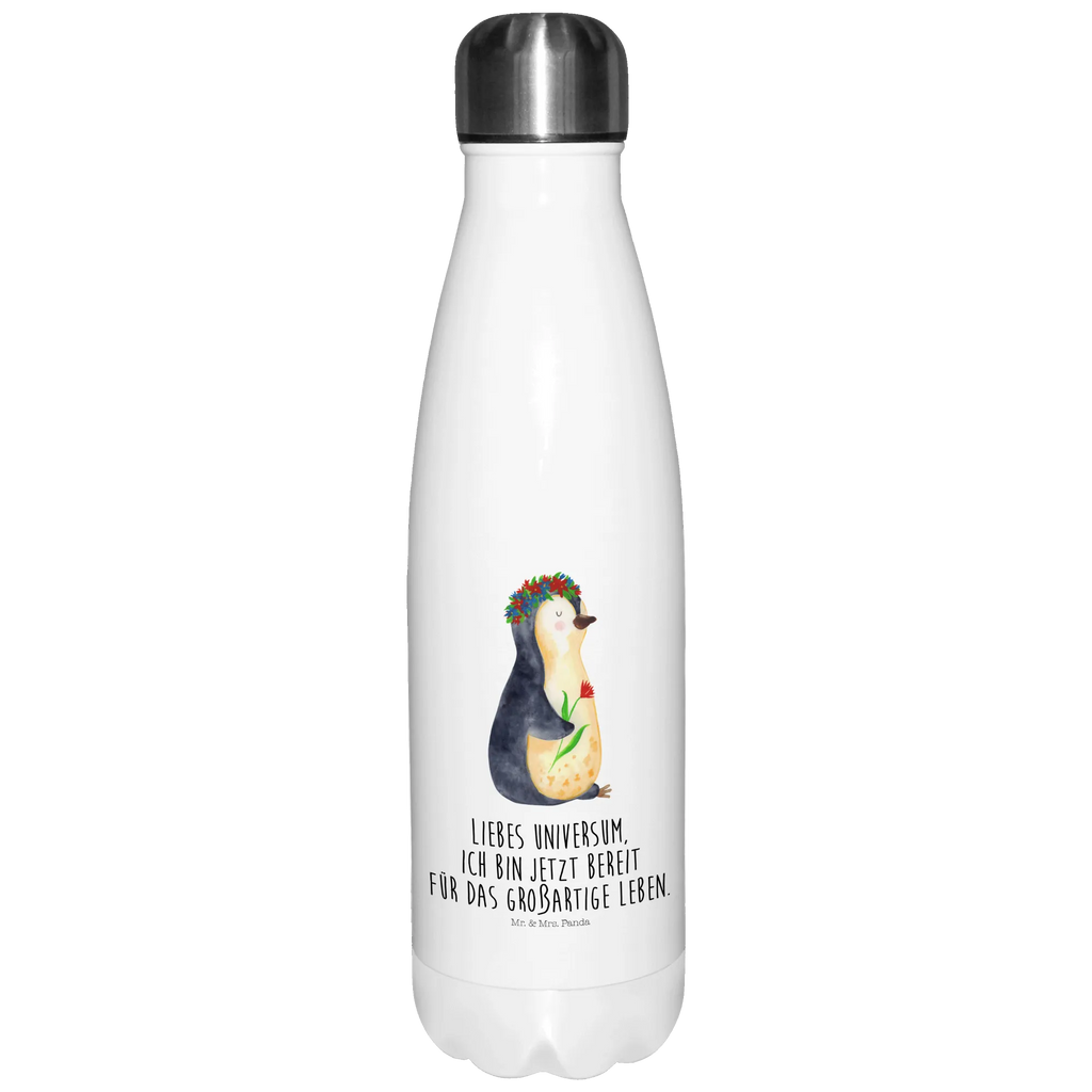 Thermosflasche Pinguin Blumenkranz Isolierflasche, Thermoflasche, Trinkflasche, Thermos, Edelstahl, Pinguin, Pinguine, Blumenkranz, Universum, Leben, Wünsche, Ziele, Lebensziele, Motivation, Lebenslust, Liebeskummer, Geschenkidee