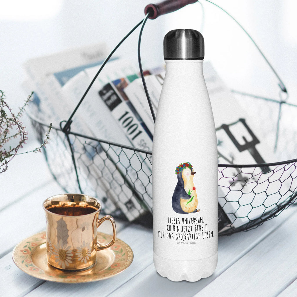 Thermosflasche Pinguin Blumenkranz Isolierflasche, Thermoflasche, Trinkflasche, Thermos, Edelstahl, Pinguin, Pinguine, Blumenkranz, Universum, Leben, Wünsche, Ziele, Lebensziele, Motivation, Lebenslust, Liebeskummer, Geschenkidee