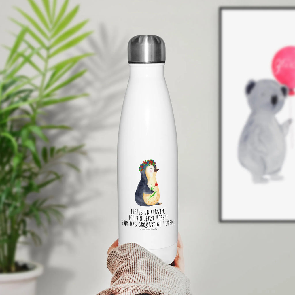 Thermosflasche Pinguin Blumenkranz Isolierflasche, Thermoflasche, Trinkflasche, Thermos, Edelstahl, Pinguin, Pinguine, Blumenkranz, Universum, Leben, Wünsche, Ziele, Lebensziele, Motivation, Lebenslust, Liebeskummer, Geschenkidee