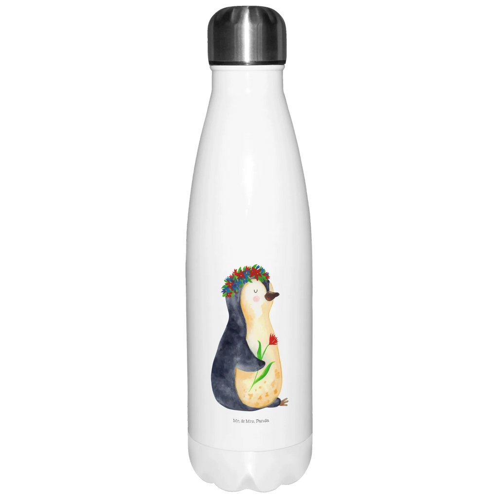 Thermosflasche Pinguin Blumenkranz Isolierflasche, Thermoflasche, Trinkflasche, Thermos, Edelstahl, Pinguin, Pinguine, Blumenkranz, Universum, Leben, Wünsche, Ziele, Lebensziele, Motivation, Lebenslust, Liebeskummer, Geschenkidee