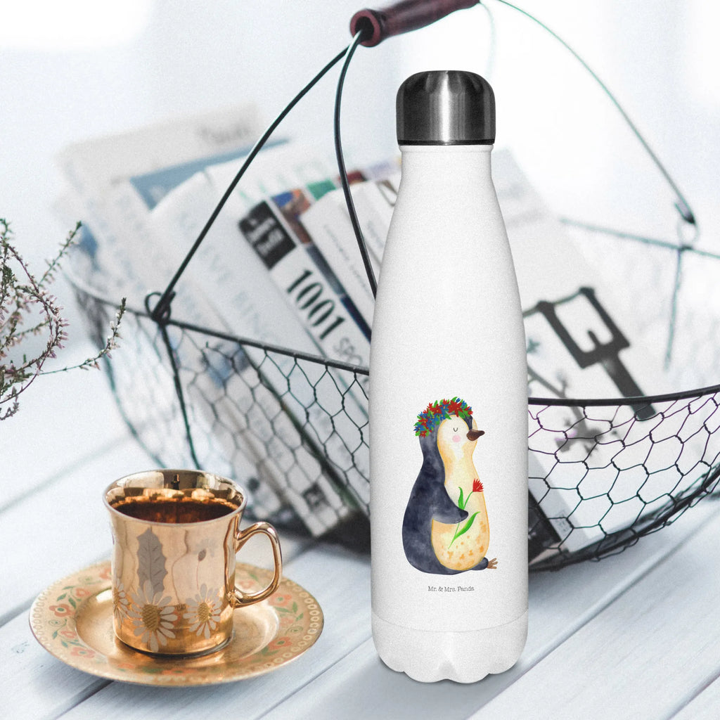 Thermosflasche Pinguin Blumenkranz Isolierflasche, Thermoflasche, Trinkflasche, Thermos, Edelstahl, Pinguin, Pinguine, Blumenkranz, Universum, Leben, Wünsche, Ziele, Lebensziele, Motivation, Lebenslust, Liebeskummer, Geschenkidee