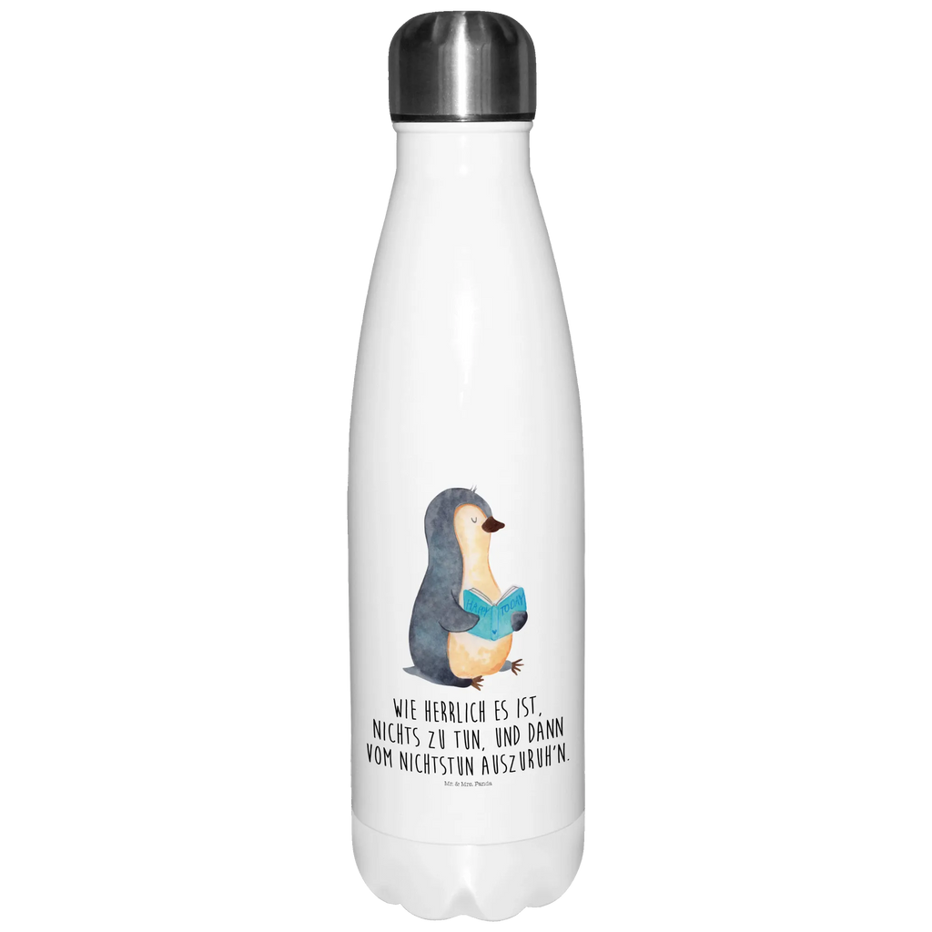 Thermosflasche Pinguin Buch Isolierflasche, Thermoflasche, Trinkflasche, Thermos, Edelstahl, Pinguin, Pinguine, Buch, Lesen, Bücherwurm, Nichtstun, Faulenzen, Ferien, Urlaub, Freizeit