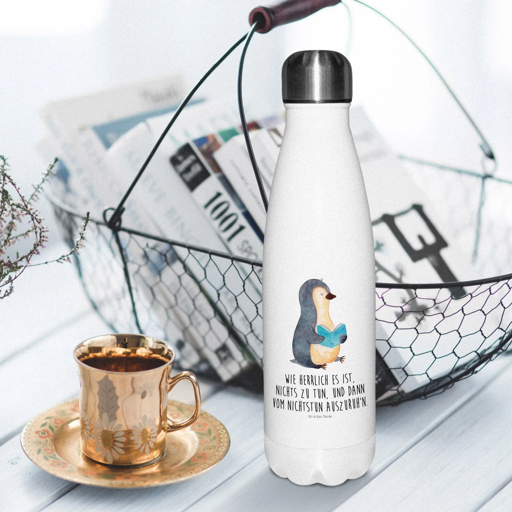 Thermosflasche Pinguin Buch Isolierflasche, Thermoflasche, Trinkflasche, Thermos, Edelstahl, Pinguin, Pinguine, Buch, Lesen, Bücherwurm, Nichtstun, Faulenzen, Ferien, Urlaub, Freizeit