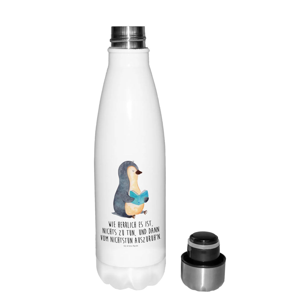 Thermosflasche Pinguin Buch Isolierflasche, Thermoflasche, Trinkflasche, Thermos, Edelstahl, Pinguin, Pinguine, Buch, Lesen, Bücherwurm, Nichtstun, Faulenzen, Ferien, Urlaub, Freizeit