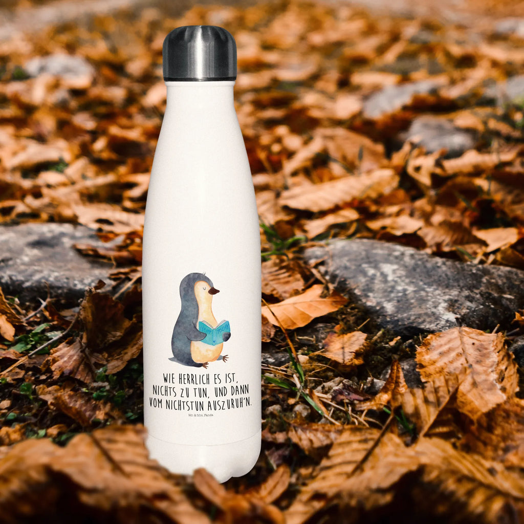 Thermosflasche Pinguin Buch Isolierflasche, Thermoflasche, Trinkflasche, Thermos, Edelstahl, Pinguin, Pinguine, Buch, Lesen, Bücherwurm, Nichtstun, Faulenzen, Ferien, Urlaub, Freizeit