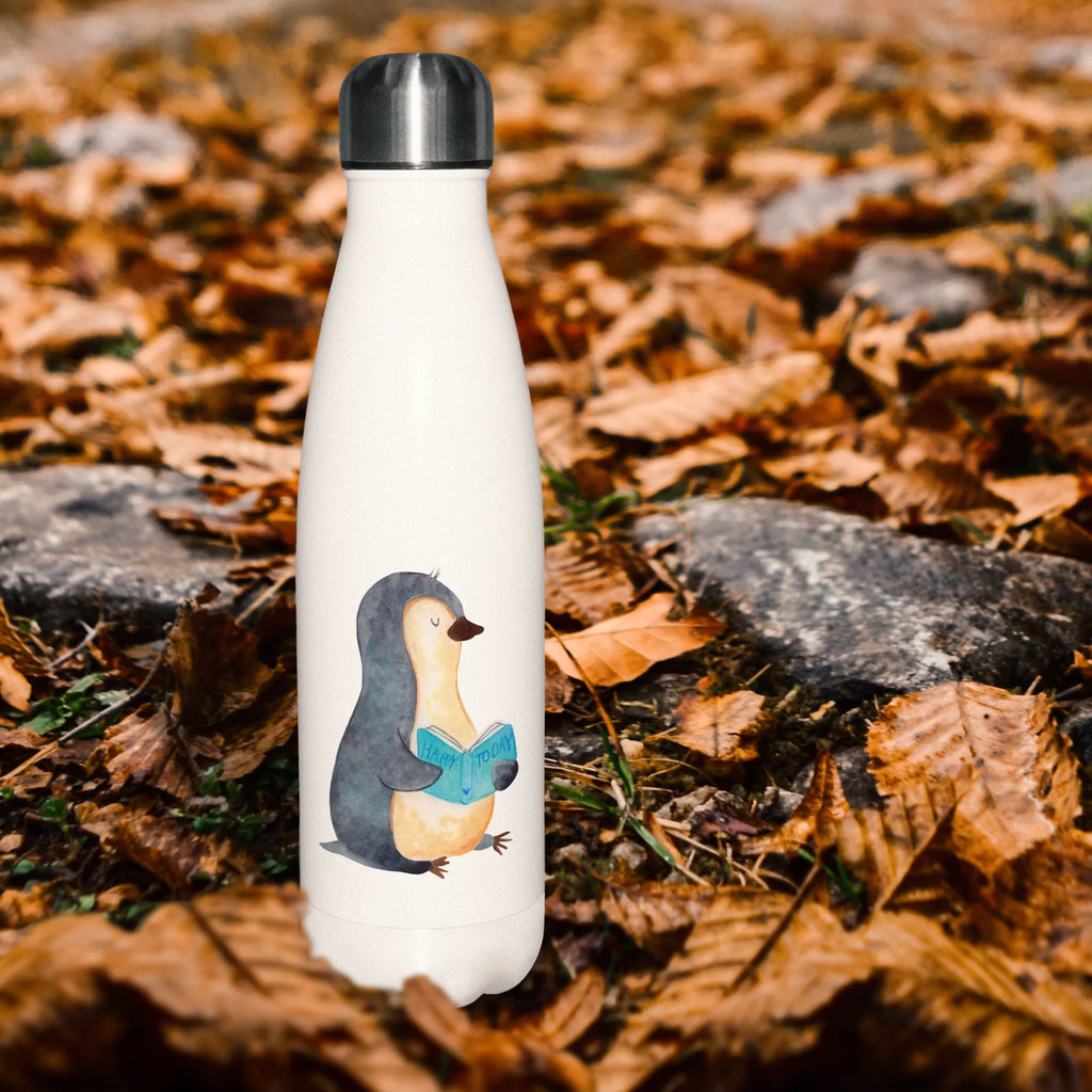 Thermosflasche Pinguin Buch Isolierflasche, Thermoflasche, Trinkflasche, Thermos, Edelstahl, Pinguin, Pinguine, Buch, Lesen, Bücherwurm, Nichtstun, Faulenzen, Ferien, Urlaub, Freizeit