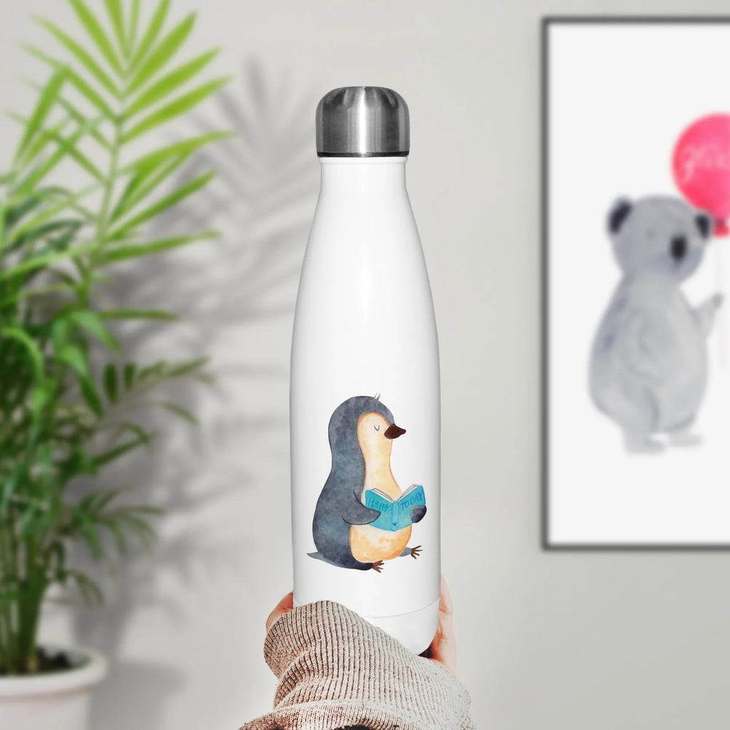 Thermosflasche Pinguin Buch Isolierflasche, Thermoflasche, Trinkflasche, Thermos, Edelstahl, Pinguin, Pinguine, Buch, Lesen, Bücherwurm, Nichtstun, Faulenzen, Ferien, Urlaub, Freizeit