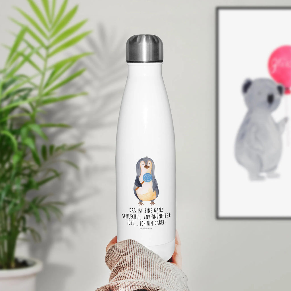 Thermosflasche Pinguin Lolli Isolierflasche, Thermoflasche, Trinkflasche, Thermos, Edelstahl, Pinguin, Pinguine, Lolli, Süßigkeiten, Blödsinn, Spruch, Rebell, Gauner, Ganove, Rabauke