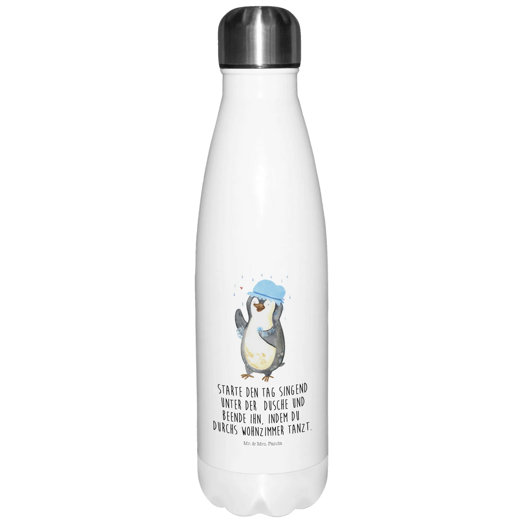 Thermosflasche Pinguin duscht Isolierflasche, Thermoflasche, Trinkflasche, Thermos, Edelstahl, Pinguin, Pinguine, Dusche, duschen, Lebensmotto, Motivation, Neustart, Neuanfang, glücklich sein