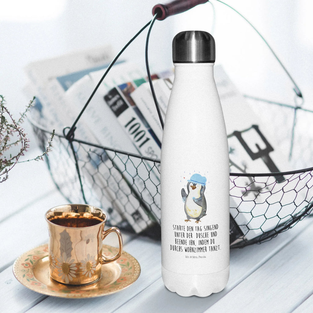 Thermosflasche Pinguin duscht Isolierflasche, Thermoflasche, Trinkflasche, Thermos, Edelstahl, Pinguin, Pinguine, Dusche, duschen, Lebensmotto, Motivation, Neustart, Neuanfang, glücklich sein