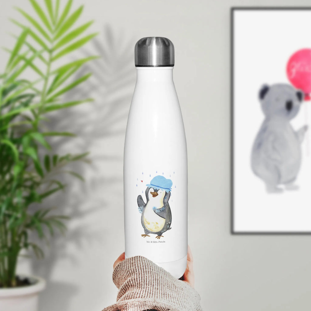 Thermosflasche Pinguin duscht Isolierflasche, Thermoflasche, Trinkflasche, Thermos, Edelstahl, Pinguin, Pinguine, Dusche, duschen, Lebensmotto, Motivation, Neustart, Neuanfang, glücklich sein