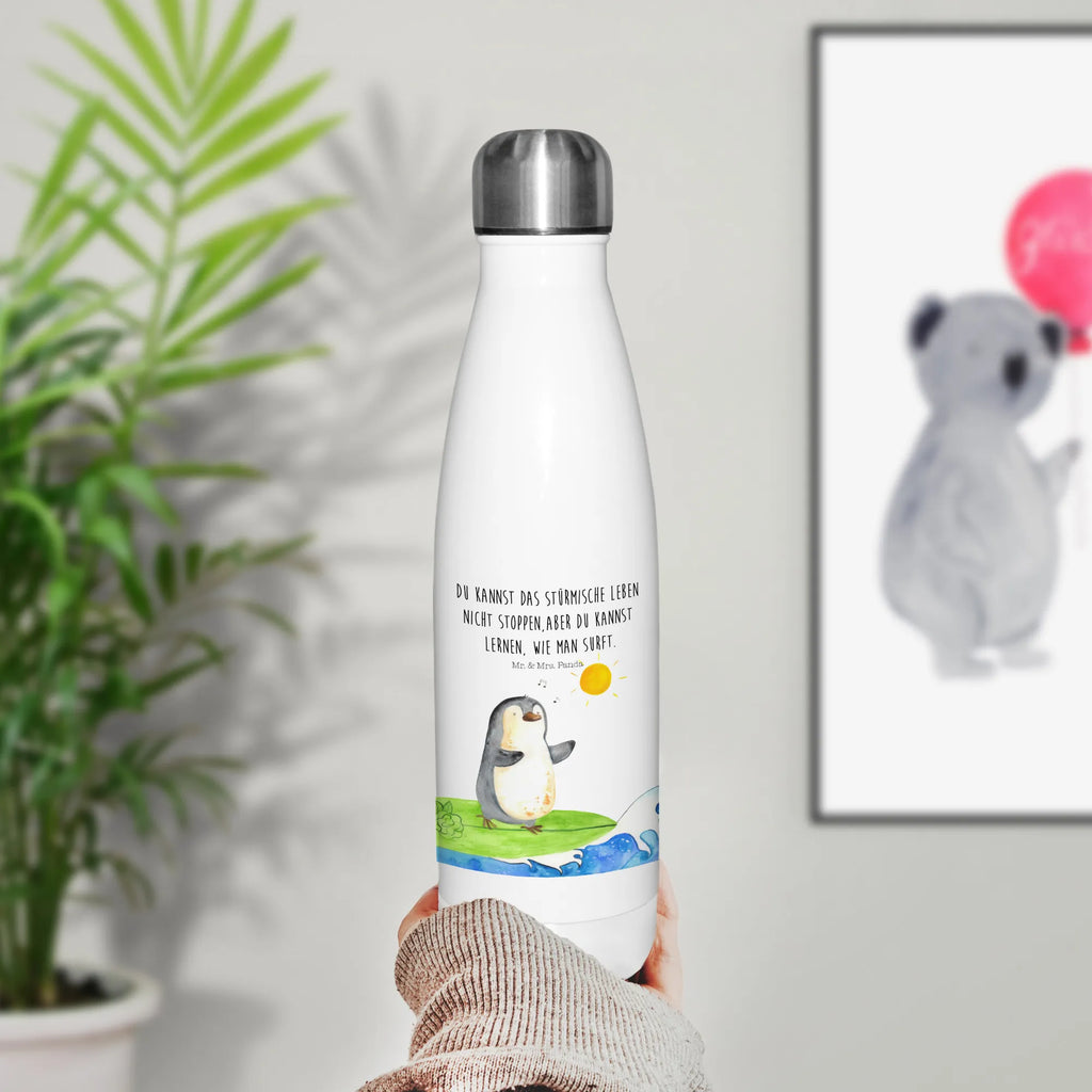 Thermosflasche Pinguin Surfer Isolierflasche, Thermoflasche, Trinkflasche, Thermos, Edelstahl, Pinguin, Pinguine, surfen, Surfer, Hawaii, Urlaub, Wellen, Wellen reiten, Portugal