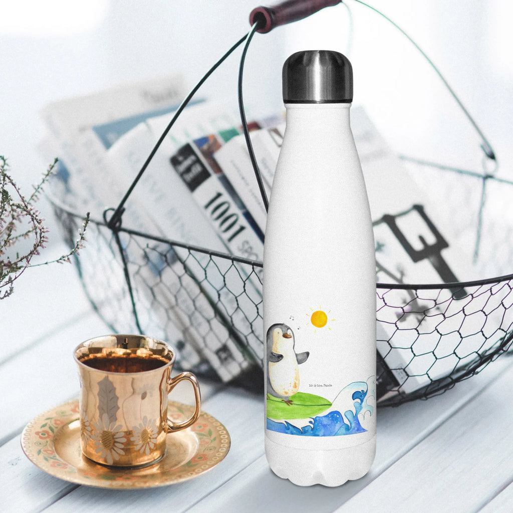 Thermosflasche Pinguin Surfer Isolierflasche, Thermoflasche, Trinkflasche, Thermos, Edelstahl, Pinguin, Pinguine, surfen, Surfer, Hawaii, Urlaub, Wellen, Wellen reiten, Portugal