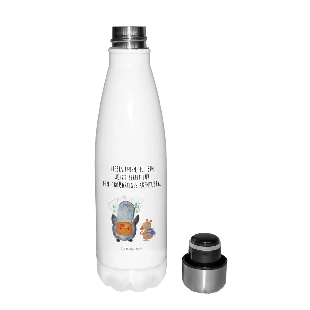 Thermosflasche Pinguin & Maus Wanderer Isolierflasche, Thermoflasche, Trinkflasche, Thermos, Edelstahl, Pinguin, Pinguine, Abenteurer, Abenteuer, Roadtrip, Ausflug, Wanderlust, wandern