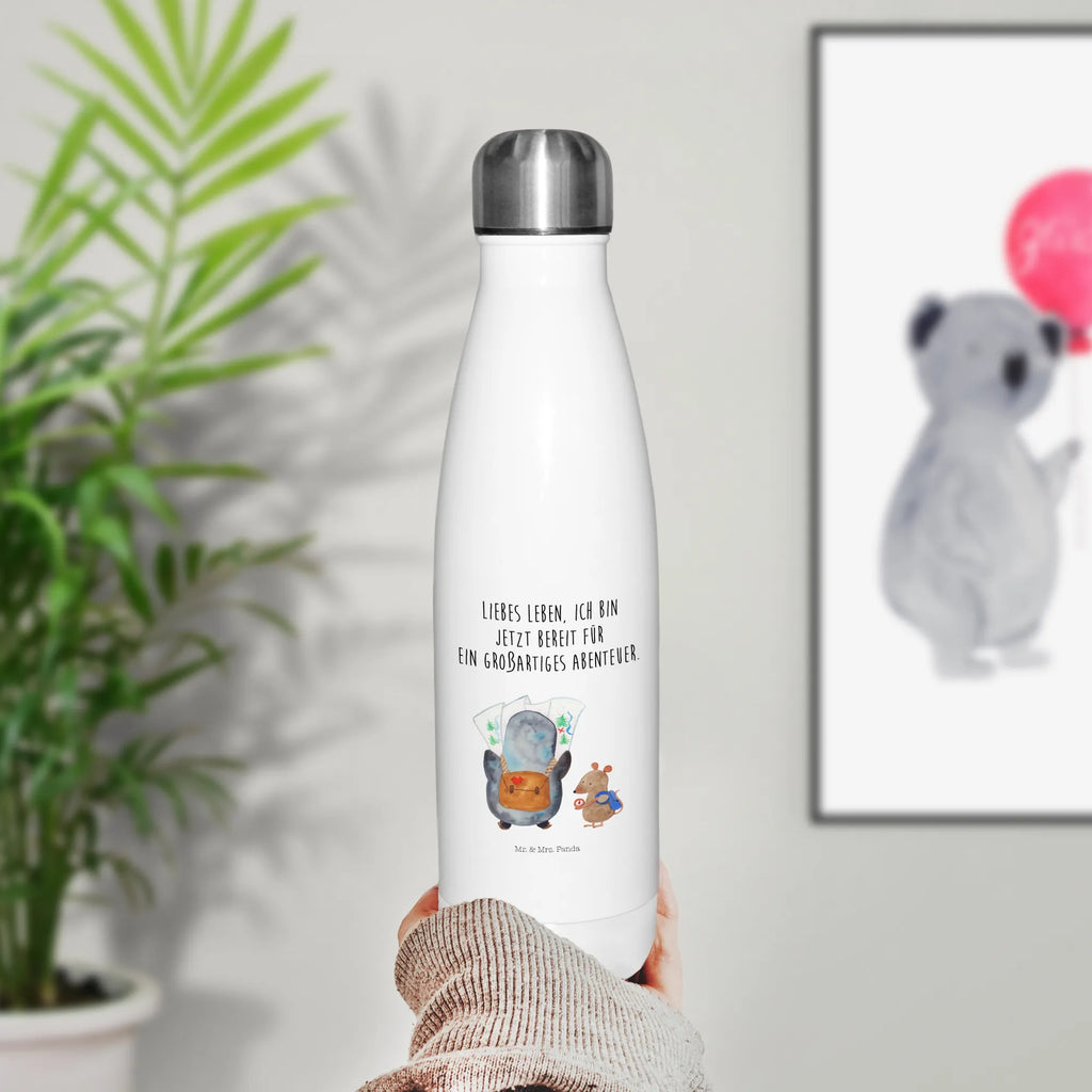 Thermosflasche Pinguin & Maus Wanderer Isolierflasche, Thermoflasche, Trinkflasche, Thermos, Edelstahl, Pinguin, Pinguine, Abenteurer, Abenteuer, Roadtrip, Ausflug, Wanderlust, wandern