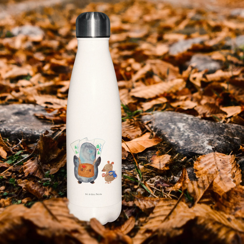 Thermosflasche Pinguin & Maus Wanderer Isolierflasche, Thermoflasche, Trinkflasche, Thermos, Edelstahl, Pinguin, Pinguine, Abenteurer, Abenteuer, Roadtrip, Ausflug, Wanderlust, wandern