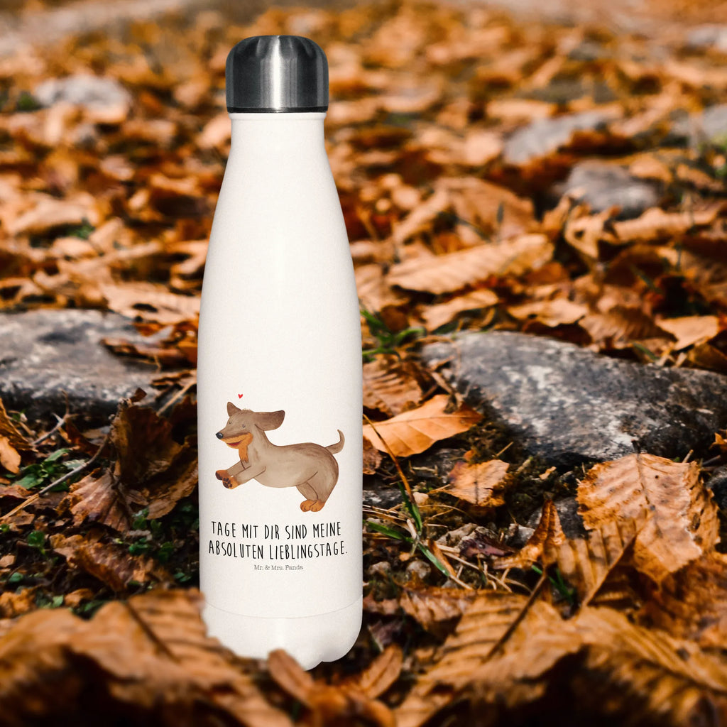 Thermosflasche Hund Dackel fröhlich Isolierflasche, Thermoflasche, Trinkflasche, Thermos, Edelstahl, Hund, Hundemotiv, Haustier, Hunderasse, Tierliebhaber, Hundebesitzer, Sprüche, Hunde, Dackel, Dachshund, happy dog