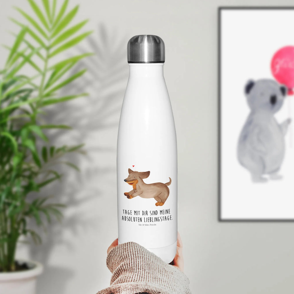 Thermosflasche Hund Dackel fröhlich Isolierflasche, Thermoflasche, Trinkflasche, Thermos, Edelstahl, Hund, Hundemotiv, Haustier, Hunderasse, Tierliebhaber, Hundebesitzer, Sprüche, Hunde, Dackel, Dachshund, happy dog