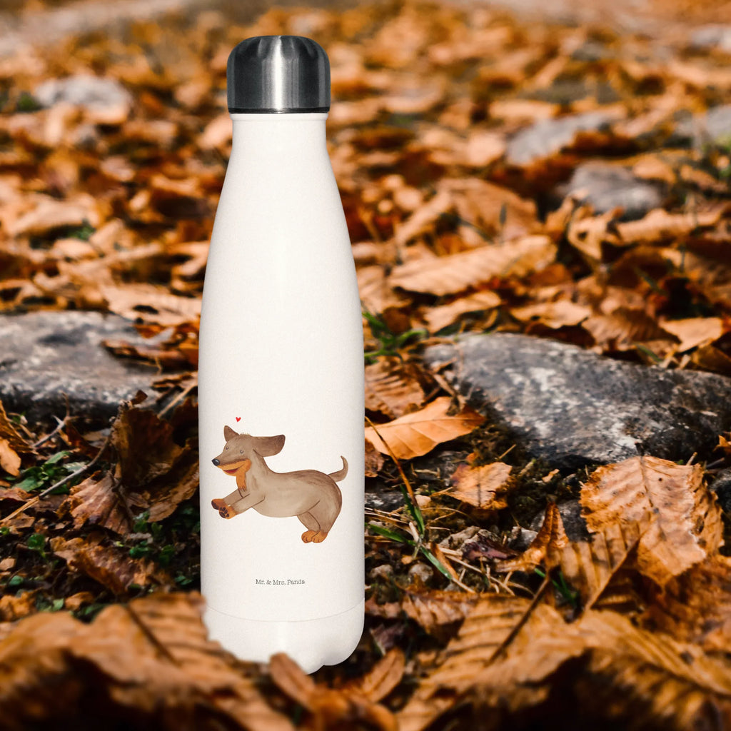 Thermosflasche Hund Dackel fröhlich Isolierflasche, Thermoflasche, Trinkflasche, Thermos, Edelstahl, Hund, Hundemotiv, Haustier, Hunderasse, Tierliebhaber, Hundebesitzer, Sprüche, Hunde, Dackel, Dachshund, happy dog