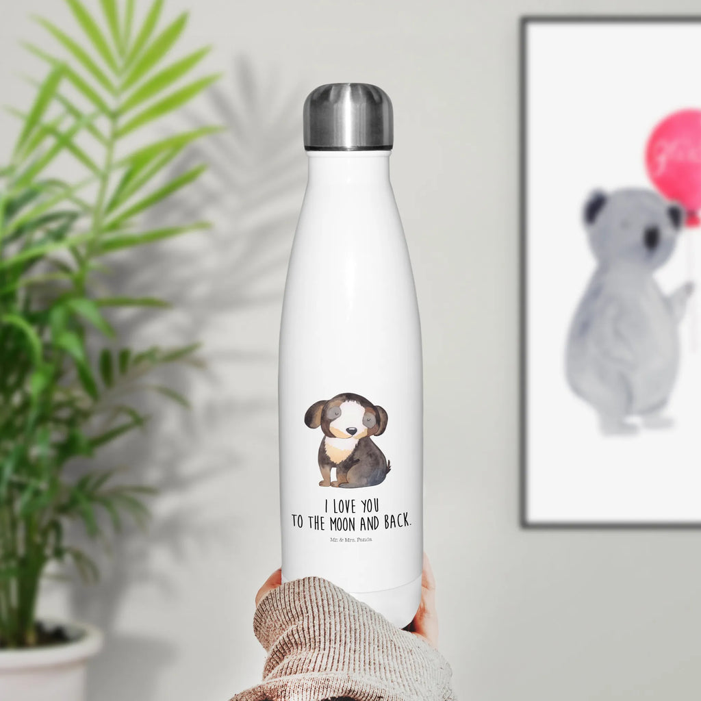 Thermosflasche Hund entspannt Isolierflasche, Thermoflasche, Trinkflasche, Thermos, Edelstahl, Hund, Hundemotiv, Haustier, Hunderasse, Tierliebhaber, Hundebesitzer, Sprüche, schwarzer Hund, Hundeliebe, Liebe, Hundeglück