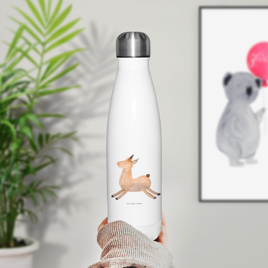 Thermosflasche Lama springend Isolierflasche, Thermoflasche, Trinkflasche, Thermos, Edelstahl, Lama, Alpaka, Lamas, Lieblingstag, Happy day, fröhlich, Glück, Freundin, Liebeskummer, Neustart, guten Morgen, Start, Prüfung, Abitur