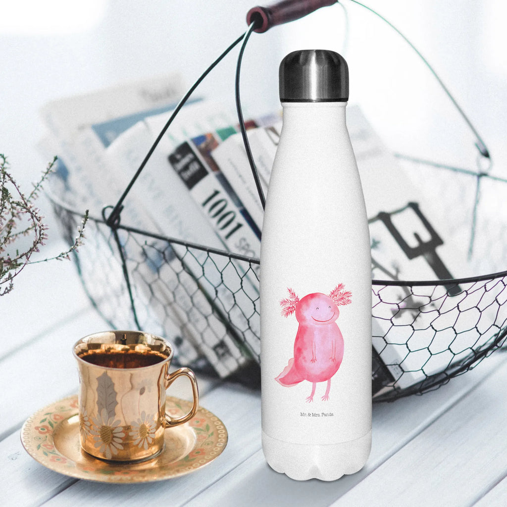 Thermosflasche Axolotl glücklich Isolierflasche, Thermoflasche, Trinkflasche, Thermos, Edelstahl, Axolotl, Molch, Axolot, Schwanzlurch, Lurch, Lurche, Motivation, gute Laune