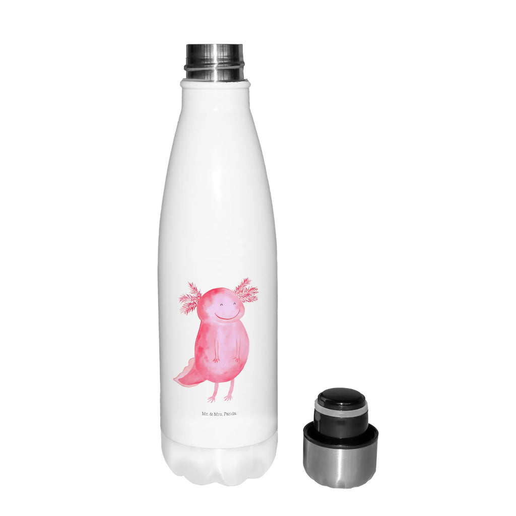 Thermosflasche Axolotl glücklich Isolierflasche, Thermoflasche, Trinkflasche, Thermos, Edelstahl, Axolotl, Molch, Axolot, Schwanzlurch, Lurch, Lurche, Motivation, gute Laune