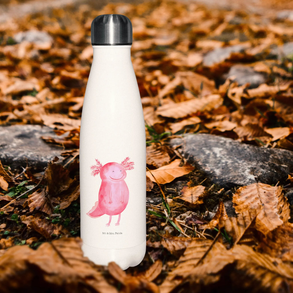 Thermosflasche Axolotl glücklich Isolierflasche, Thermoflasche, Trinkflasche, Thermos, Edelstahl, Axolotl, Molch, Axolot, Schwanzlurch, Lurch, Lurche, Motivation, gute Laune