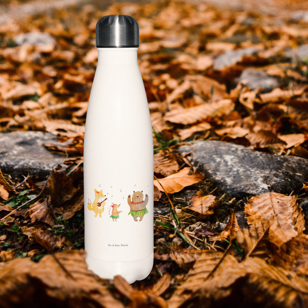 Thermosflasche Waldtiere Aloha Isolierflasche, Thermoflasche, Trinkflasche, Thermos, Edelstahl, Tiermotive, Gute Laune, lustige Sprüche, Tiere, Wald, Waldtiere, Musik, Aloha, Bär, Hase, Igel, Tanzen, Leben, Lachen