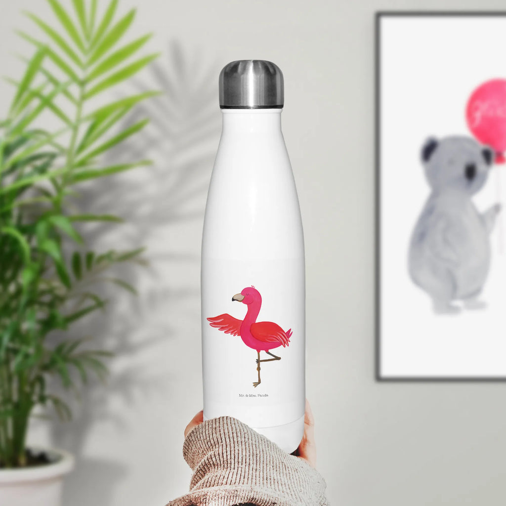 Thermosflasche Flamingo Yoga Isolierflasche, Thermoflasche, Trinkflasche, Thermos, Edelstahl, Flamingo, Vogel, Yoga, Namaste, Achtsamkeit, Yoga-Übung, Entspannung, Ärger, Aufregen, Tiefenentspannung