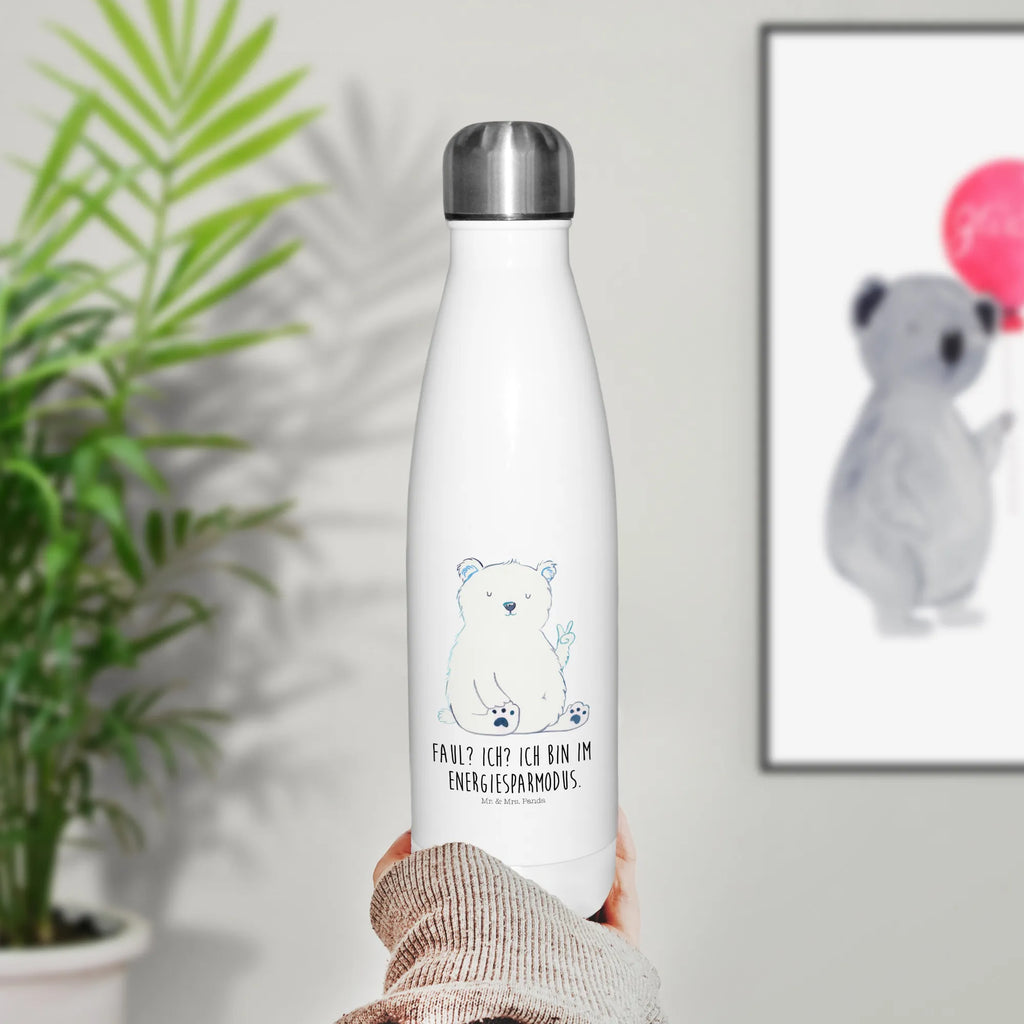 Thermosflasche Eisbär Faul Isolierflasche, Thermoflasche, Trinkflasche, Thermos, Edelstahl, Bär, Teddy, Teddybär, Eisbär, Nordpol, Faul, Entspannen, Relaxen, Büro, Arbeit, Bürojob, Arbeitsplatz, Homeoffice