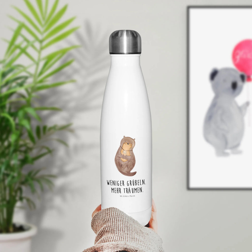 Thermosflasche Otter mit Muschelmedaillon Isolierflasche, Thermoflasche, Trinkflasche, Thermos, Edelstahl, Otter, Fischotter, Seeotter, Otterliebe, grübeln, träumen, Motivation, Tagträumen, Büro