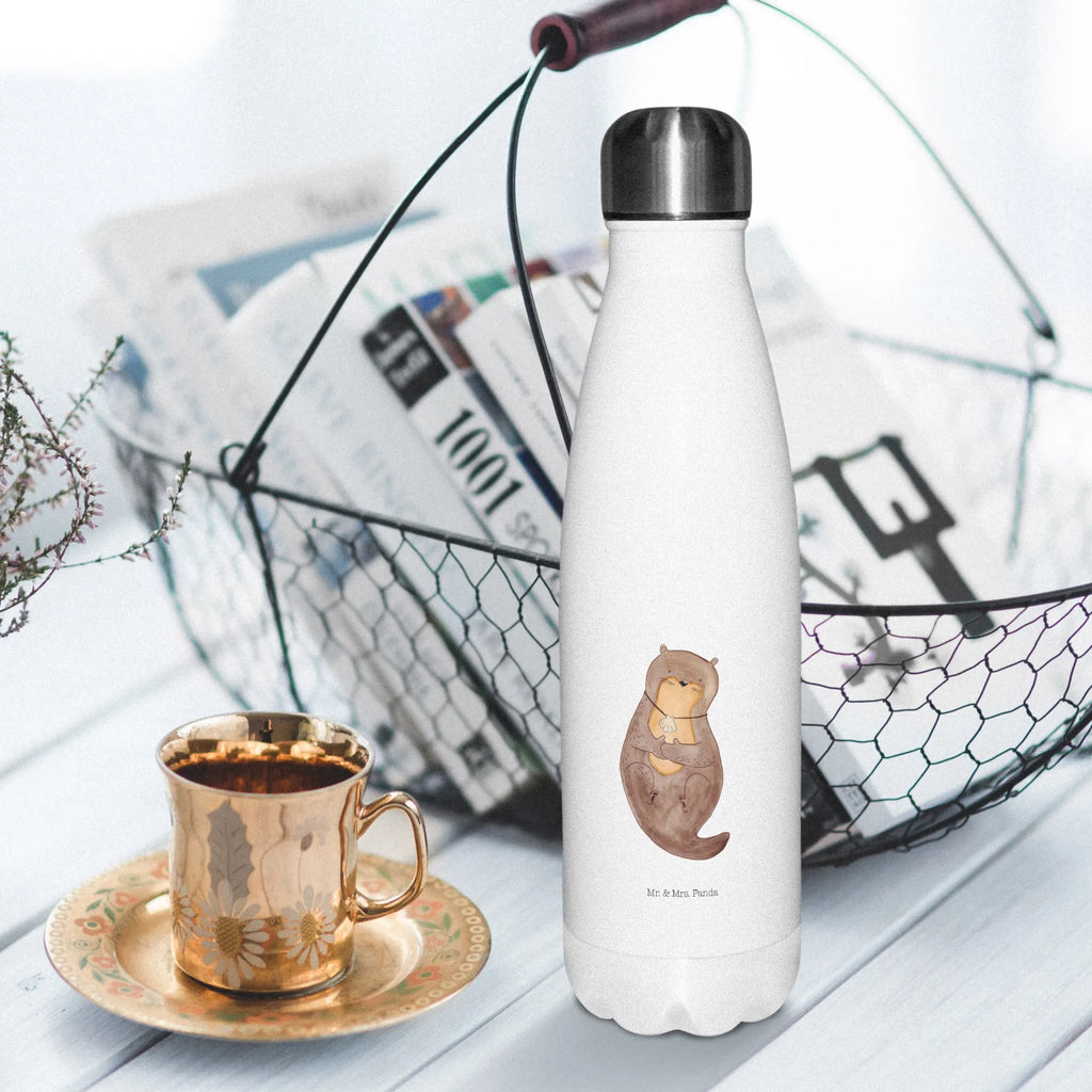 Thermosflasche Otter mit Muschelmedaillon Isolierflasche, Thermoflasche, Trinkflasche, Thermos, Edelstahl, Otter, Fischotter, Seeotter, Otterliebe, grübeln, träumen, Motivation, Tagträumen, Büro