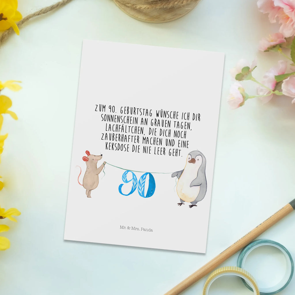 Postkarte 90. Geburtstag Maus Pinguin Postkarte, Karte, Geschenkkarte, Grußkarte, Einladung, Ansichtskarte, Geburtstagskarte, Einladungskarte, Dankeskarte, Ansichtskarten, Einladung Geburtstag, Einladungskarten Geburtstag, Geburtstag, Geburtstagsgeschenk, Geschenk, Party, Feiern, Torte, Kuchen