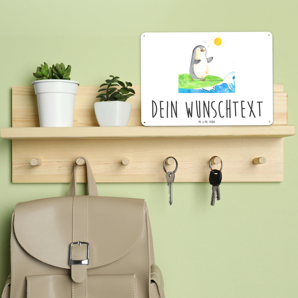 Personalisiertes Blechschild Pinguin Surfer Blechschild, Metallschild, Geschenk Schild, Schild, Magnet-Metall-Schild, Deko Schild, Wandschild, Wand-Dekoration, Türschild, Pinguin, Pinguine, surfen, Surfer, Hawaii, Urlaub, Wellen, Wellen reiten, Portugal