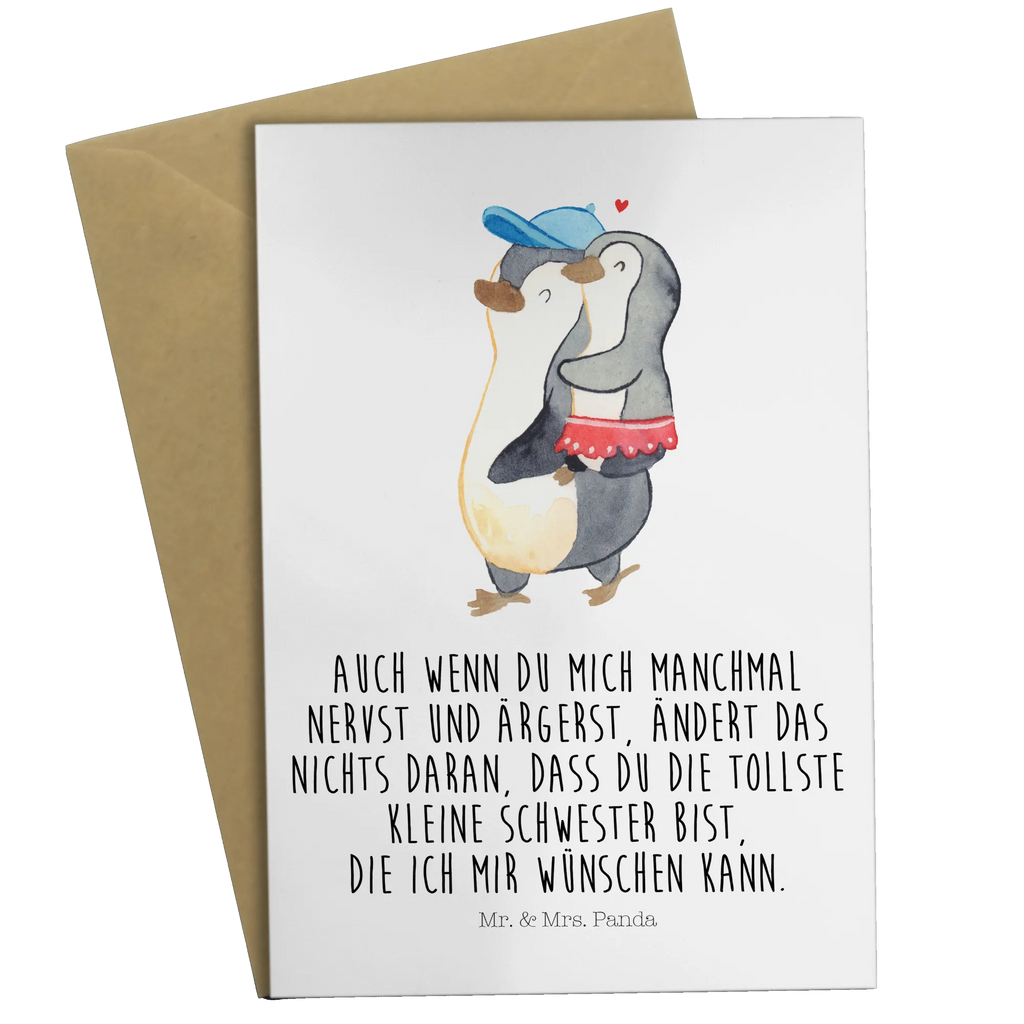 Grußkarte Pinguin Kleine Schwester Grußkarte, Klappkarte, Einladungskarte, Glückwunschkarte, Hochzeitskarte, Geburtstagskarte, Karte, Ansichtskarten, Familie, Vatertag, Muttertag, Bruder, Schwester, Mama, Papa, Oma, Opa