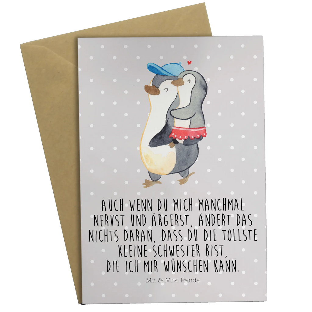 Grußkarte Pinguin Kleine Schwester Grußkarte, Klappkarte, Einladungskarte, Glückwunschkarte, Hochzeitskarte, Geburtstagskarte, Karte, Ansichtskarten, Familie, Vatertag, Muttertag, Bruder, Schwester, Mama, Papa, Oma, Opa