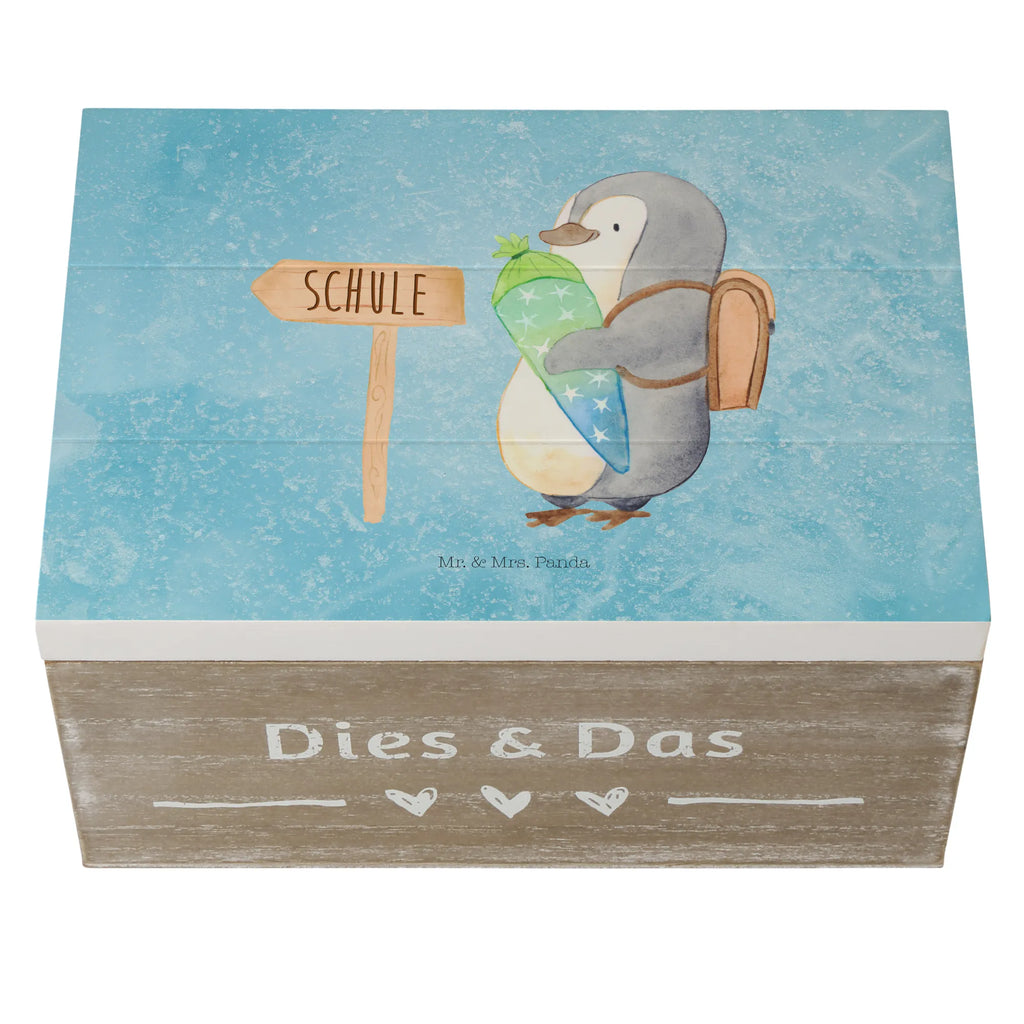 Holzkiste Pinguin Schultüte Holzkiste, Kiste, Schatzkiste, Truhe, Schatulle, XXL, Erinnerungsbox, Erinnerungskiste, Dekokiste, Aufbewahrungsbox, Geschenkbox, Geschenkdose, Pinguin, Schulanfänger, Einschulung, 1. Klasse, Geschenk zur Einschulung, erster Schultag, Schulranzen