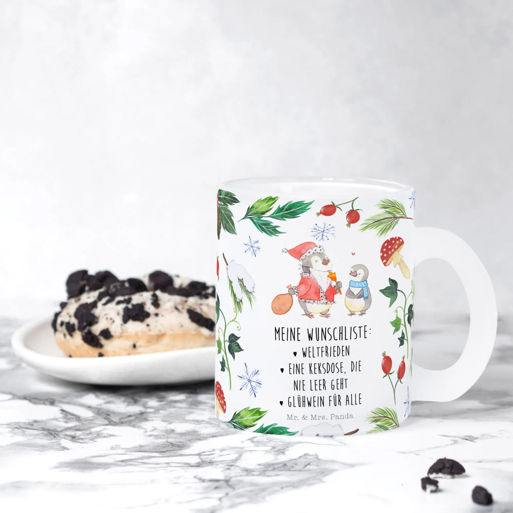 Teetasse Pinguin Wunschliste Teetasse, Teeglas, Teebecher, Tasse mit Henkel, Tasse, Glas Teetasse, Teetasse aus Glas, Winter, Weihnachten, Weihnachtsdeko, Nikolaus, Advent, Heiligabend, Wintermotiv