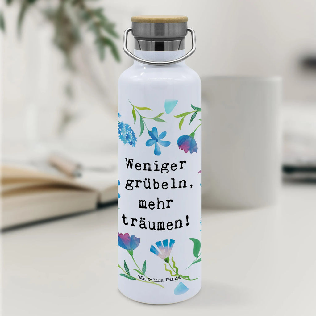 Trinkflasche Weniger grübeln Thermosflasche, Isolierflasche, Edelstahl, Trinkflasche, isoliert, Wamrhaltefunktion, Sportflasche, Flasche zum Sport, Sportlerflasche, Blumen Deko, Frühlings Deko, Sommer Deko, Dekoration, positive Botschaft, Naturliebhaber, Outdoor, Natur, Abenteuer