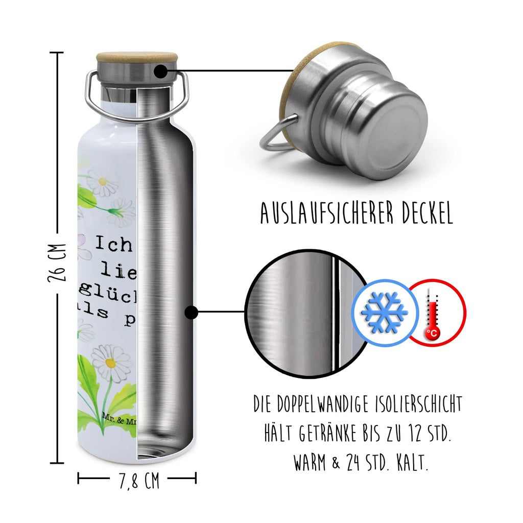 Trinkflasche Lieber glücklich als perfekt Thermosflasche, Isolierflasche, Edelstahl, Trinkflasche, isoliert, Wamrhaltefunktion, Sportflasche, Flasche zum Sport, Sportlerflasche, Blumen Deko, Frühlings Deko, Sommer Deko, Dekoration, positive Botschaft, Naturliebhaber, Outdoor, Natur, Abenteuer