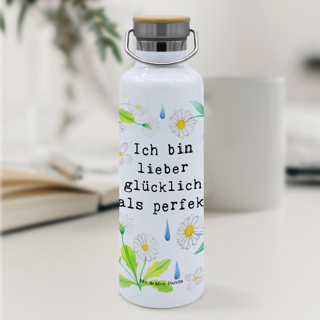 Trinkflasche Lieber glücklich als perfekt Thermosflasche, Isolierflasche, Edelstahl, Trinkflasche, isoliert, Wamrhaltefunktion, Sportflasche, Flasche zum Sport, Sportlerflasche, Blumen Deko, Frühlings Deko, Sommer Deko, Dekoration, positive Botschaft, Naturliebhaber, Outdoor, Natur, Abenteuer