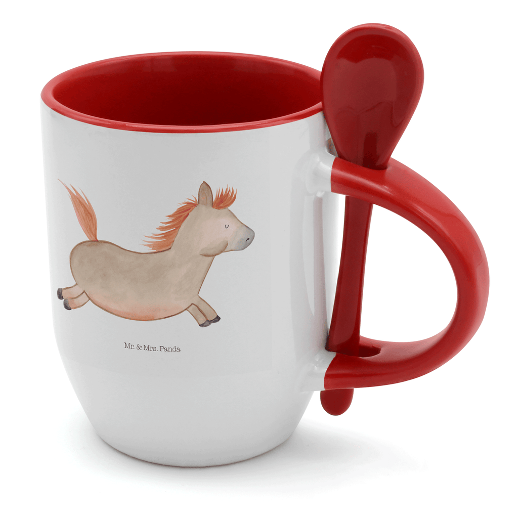 Tasse mit Löffel Pferd springt Tasse, Kaffeetasse, Tassen, Tasse mit Spruch, Kaffeebecher, Tasse mit Löffel, Bauernhof, Hoftiere, Landwirt, Landwirtin, Pferd, Pony, Pferde, Stall, Pferdestall, ausreiten, reiten, Pferdebesitzer