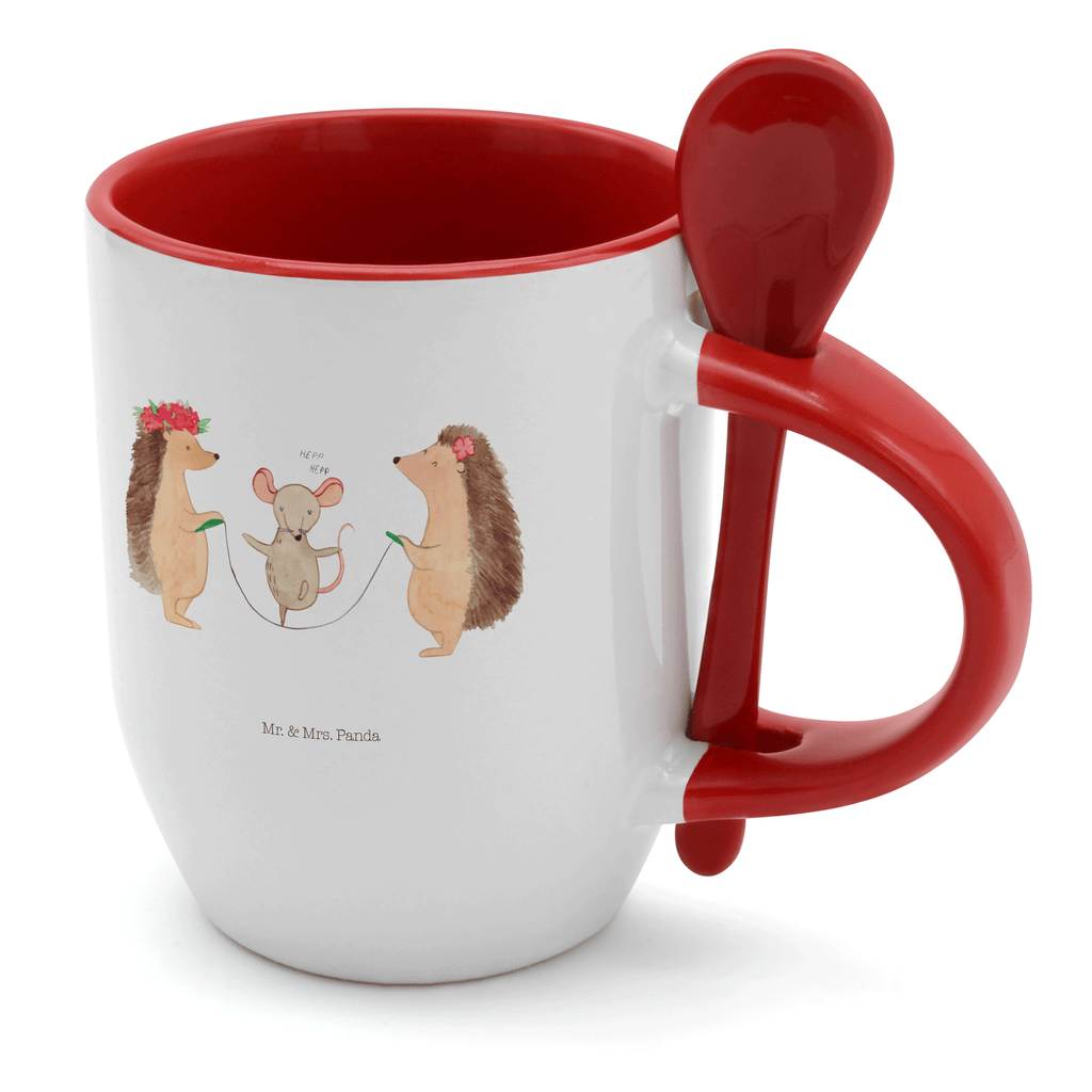 Tasse mit Löffel Igel Seilhüpfen Tasse, Kaffeetasse, Tassen, Tasse mit Spruch, Kaffeebecher, Tasse mit Löffel, Tiermotive, Gute Laune, lustige Sprüche, Tiere, Igel, Maus, Seilspringen, Seilhüpfen, Kinder, Kindergarten