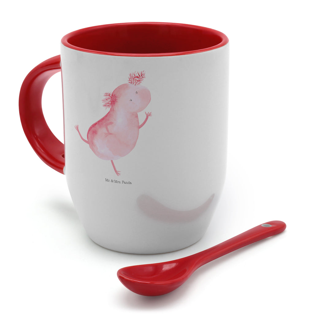 Tasse mit Löffel Axolotl tanzt Tasse, Kaffeetasse, Tassen, Tasse mit Spruch, Kaffeebecher, Tasse mit Löffel, Axolotl, Molch, Axolot, Schwanzlurch, Lurch, Lurche, Dachschaden, Sterne, verrückt, Freundin, beste Freundin