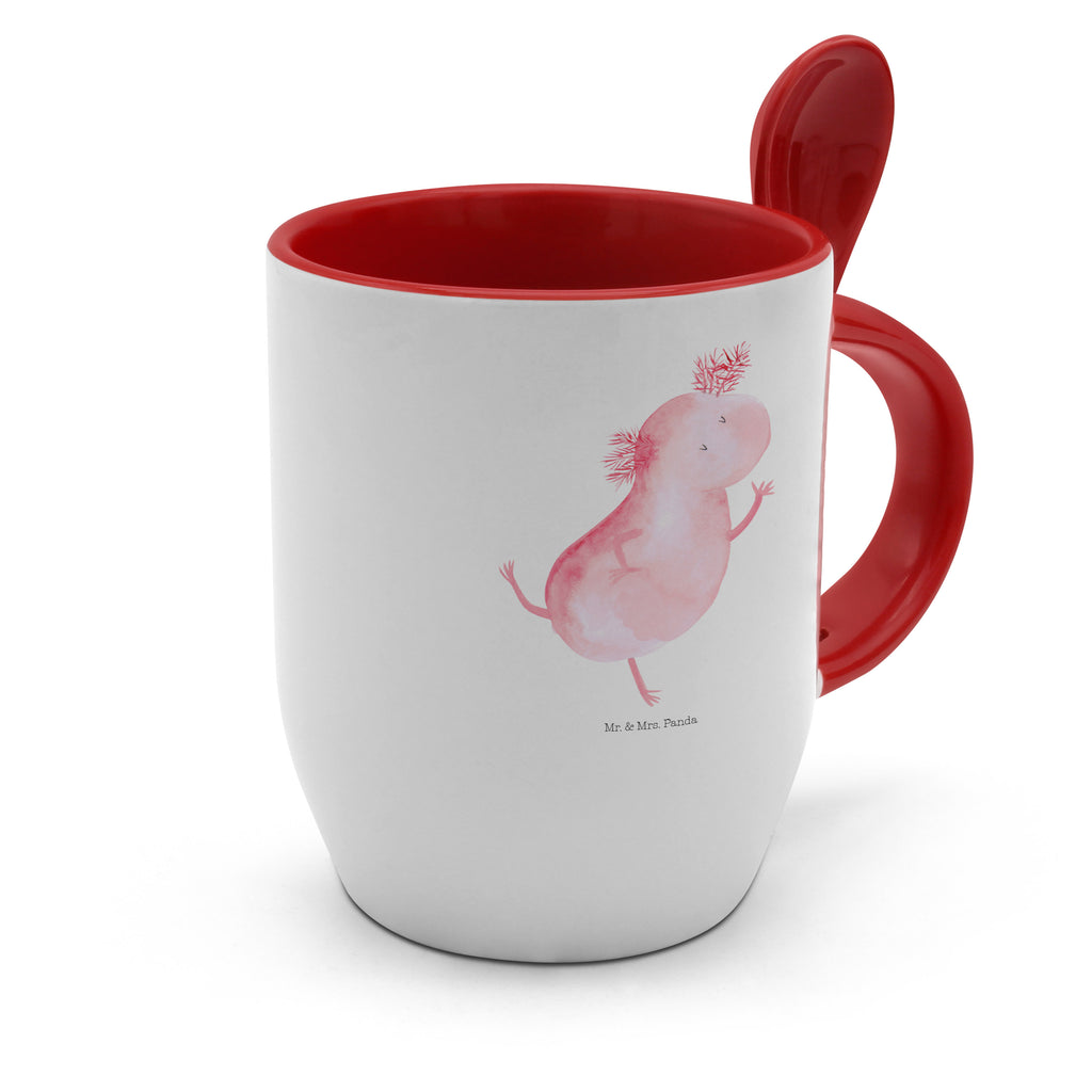 Tasse mit Löffel Axolotl tanzt Tasse, Kaffeetasse, Tassen, Tasse mit Spruch, Kaffeebecher, Tasse mit Löffel, Axolotl, Molch, Axolot, Schwanzlurch, Lurch, Lurche, Dachschaden, Sterne, verrückt, Freundin, beste Freundin