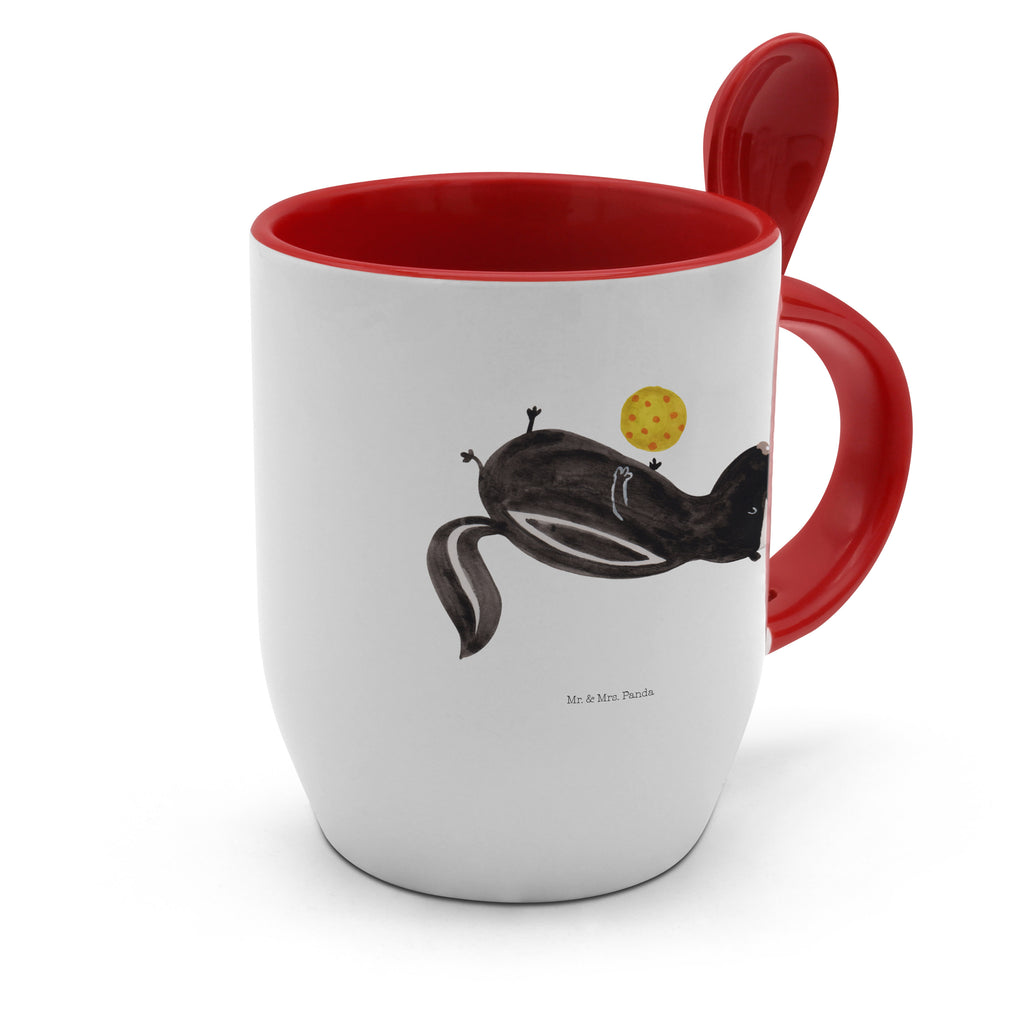 Tasse mit Löffel Stinktier Ball Tasse, Kaffeetasse, Tassen, Tasse mit Spruch, Kaffeebecher, Tasse mit Löffel, Stinktier, Skunk, Wildtier, Raubtier, Stinker, Stinki, verspielt, Weisheit