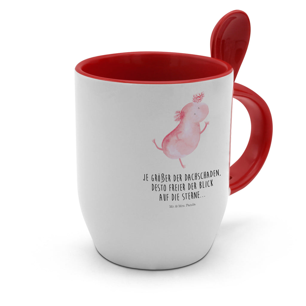 Tasse mit Löffel Axolotl tanzt Tasse, Kaffeetasse, Tassen, Tasse mit Spruch, Kaffeebecher, Tasse mit Löffel, Axolotl, Molch, Axolot, Schwanzlurch, Lurch, Lurche, Dachschaden, Sterne, verrückt, Freundin, beste Freundin