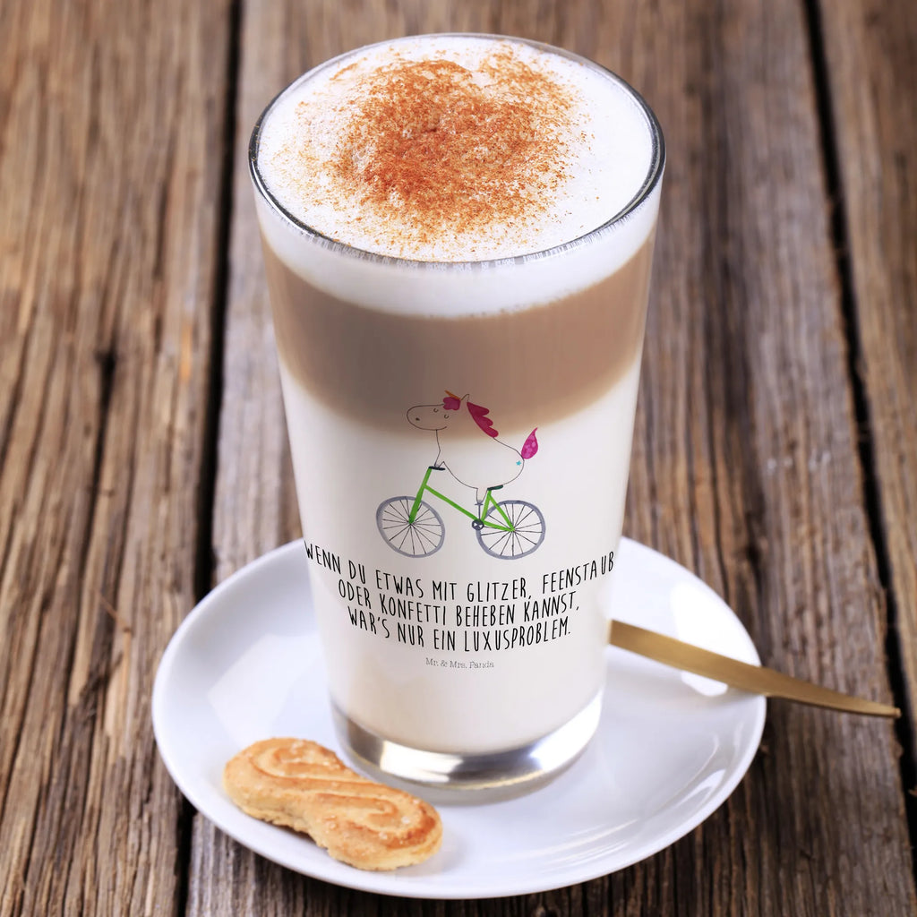 Glas Einhorn Radfahrer Cappuccino Glas, Glas, Cappuccino Tasse, Latte Macchiato, Einhorn, Einhörner, Einhorn Deko, Pegasus, Unicorn, Radfahren, Radfahrer, Rad, Bike, Feenstaub, Konfetti, Luxusproblem, Kummer, Liebeskummer