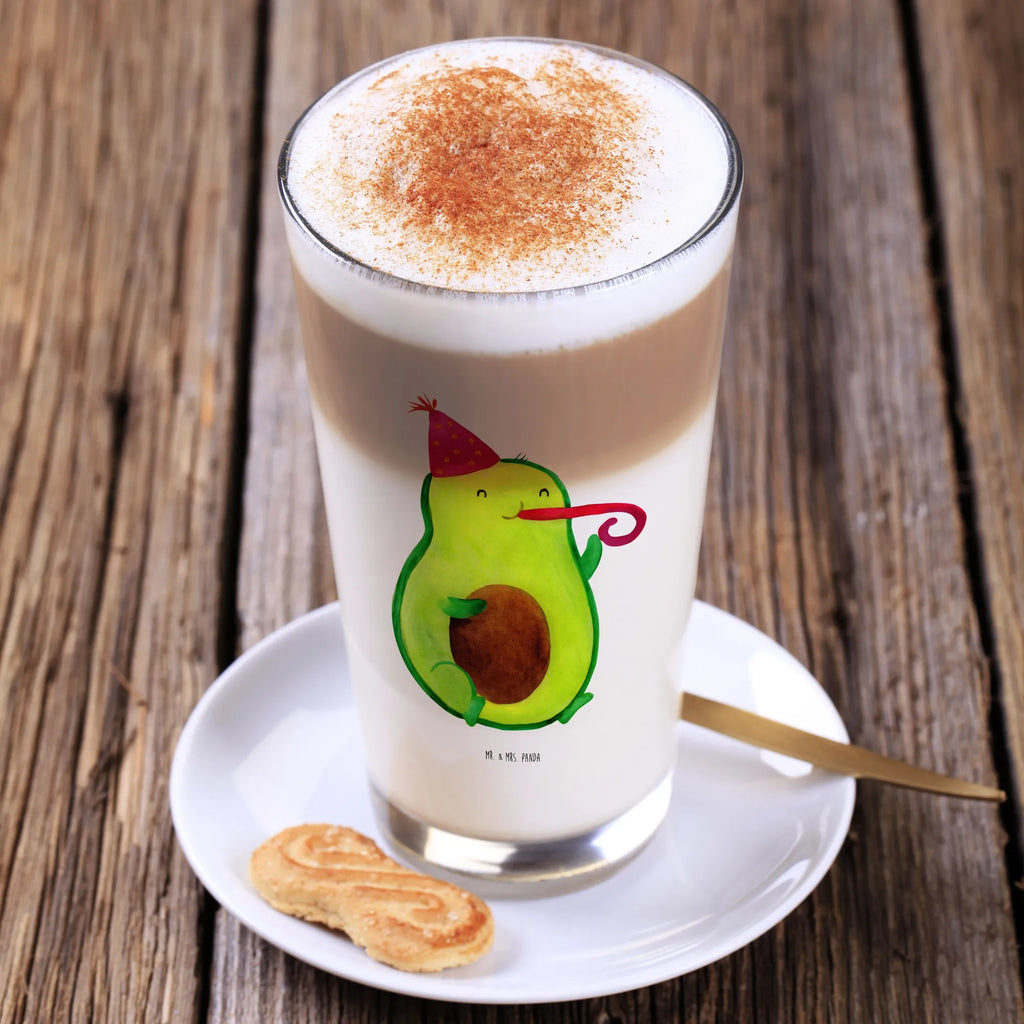 Glas Avocado Partyhupe Cappuccino Glas, Glas, Cappuccino Tasse, Latte Macchiato, Avocado, Veggie, Vegan, Gesund, Party, Feierlichkeit, Feier, Fete, Geburtstag, Gute Laune, Tröte